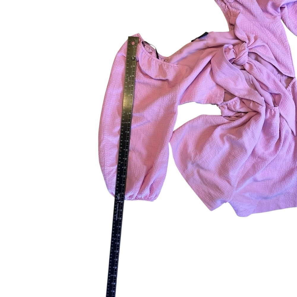 Forever 21 Romper With A Tie Front Cut‎ Out Waist Puff Sleeves Size S Purple NWT - Picture 6 of 10